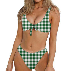 Green And White Buffalo Check Print Front Bow Tie Bikini