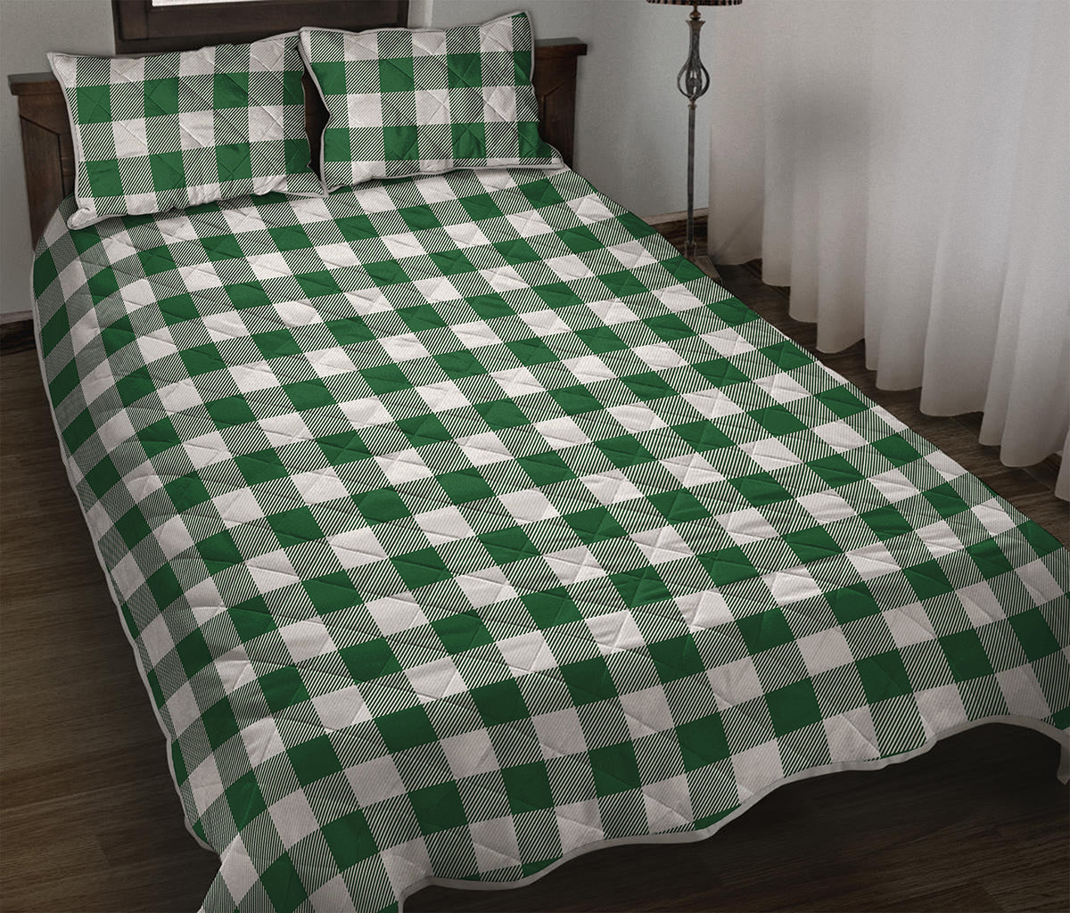 Green And White Buffalo Check Print Quilt Bed Set
