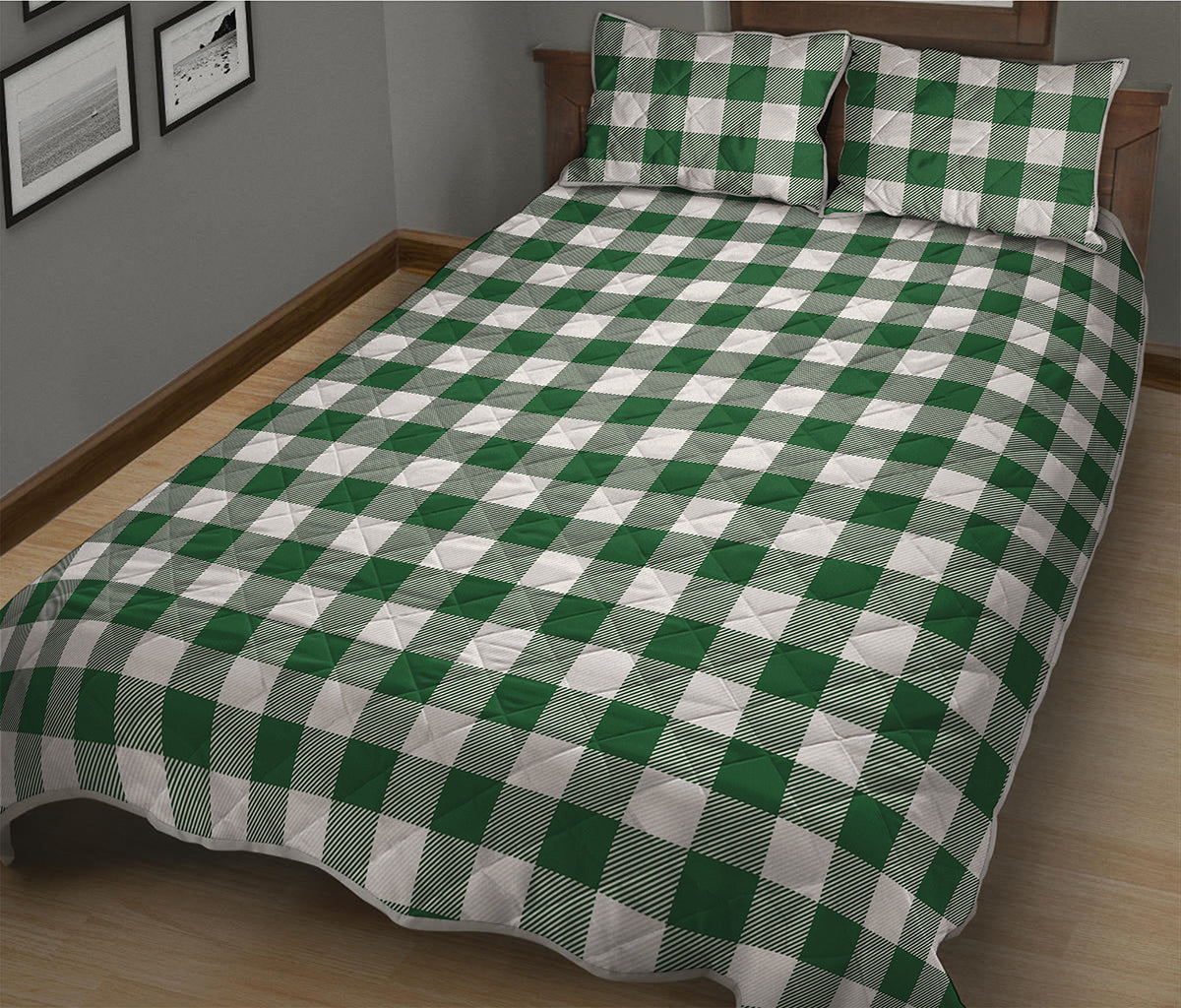 Green And White Buffalo Check Print Quilt Bed Set