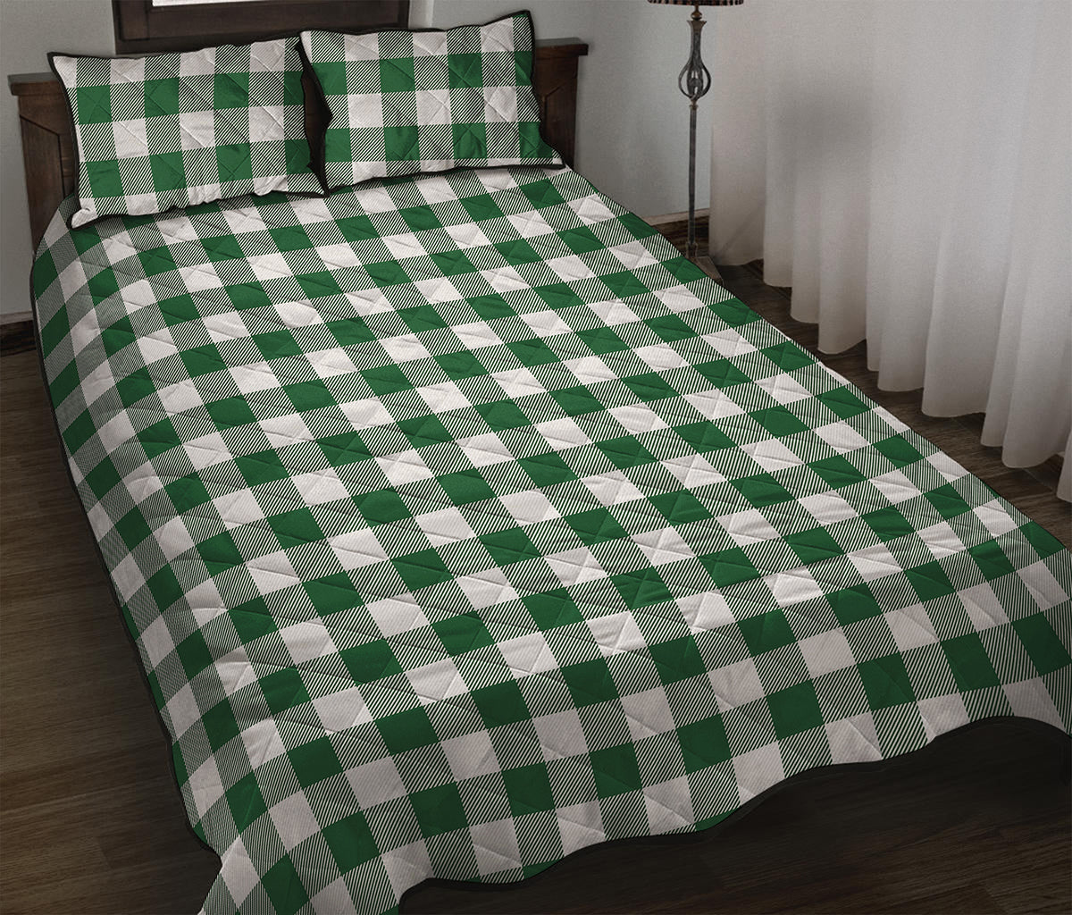 Green And White Buffalo Check Print Quilt Bed Set