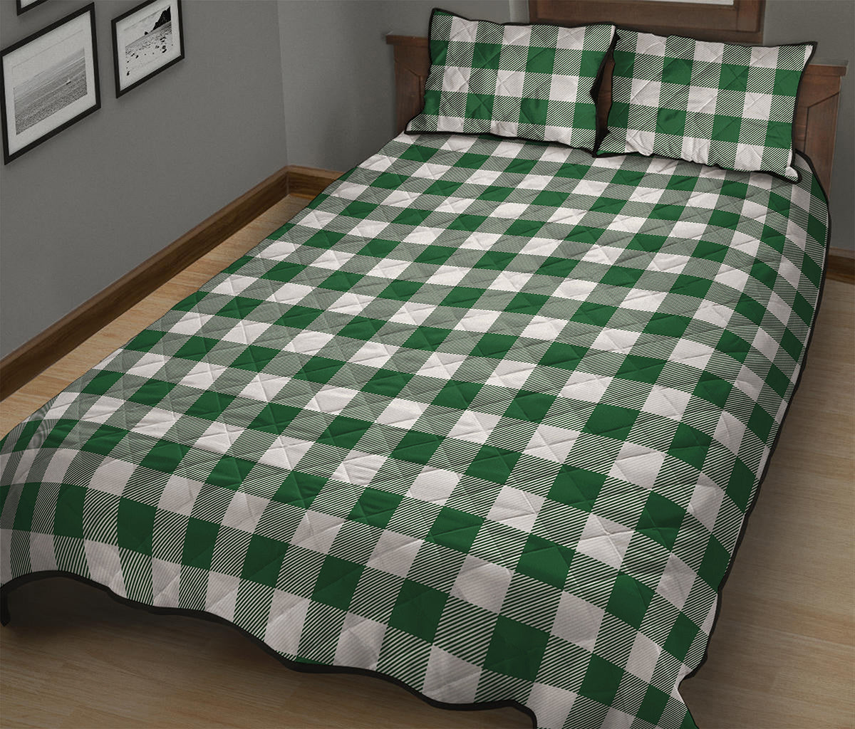 Green And White Buffalo Check Print Quilt Bed Set