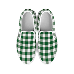 Green And White Buffalo Check Print White Slip On Shoes