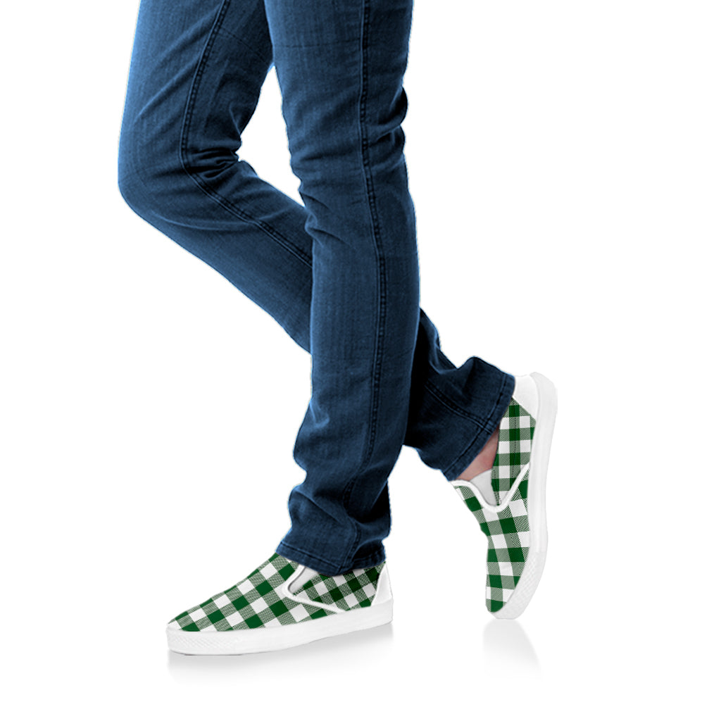 Green And White Buffalo Check Print White Slip On Shoes