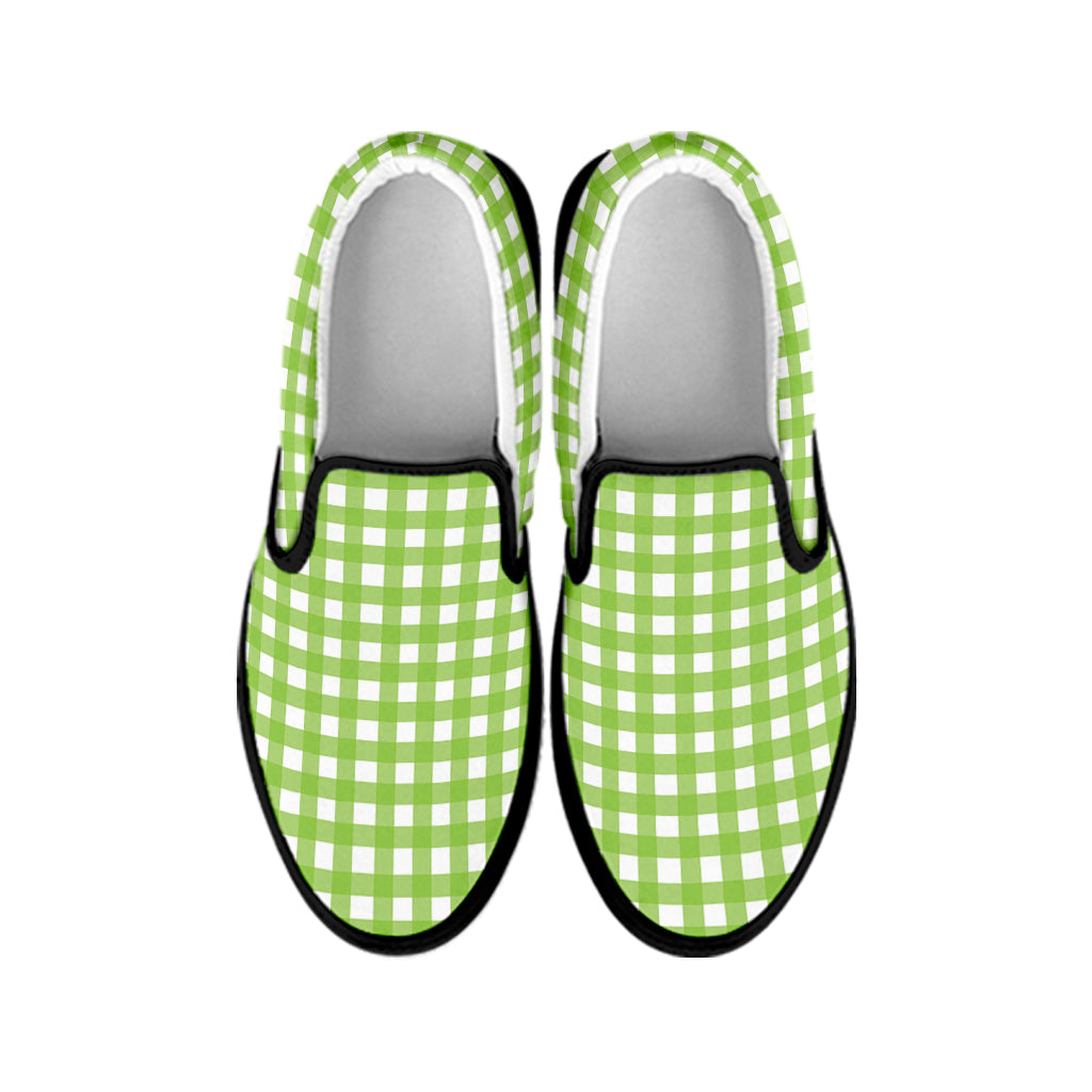 Green And White Check Pattern Print Black Slip On Shoes