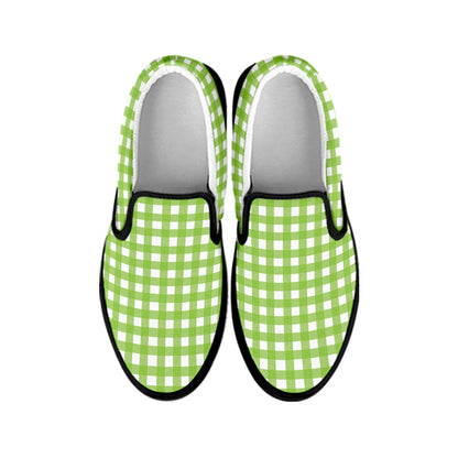 Green And White Check Pattern Print Black Slip On Shoes