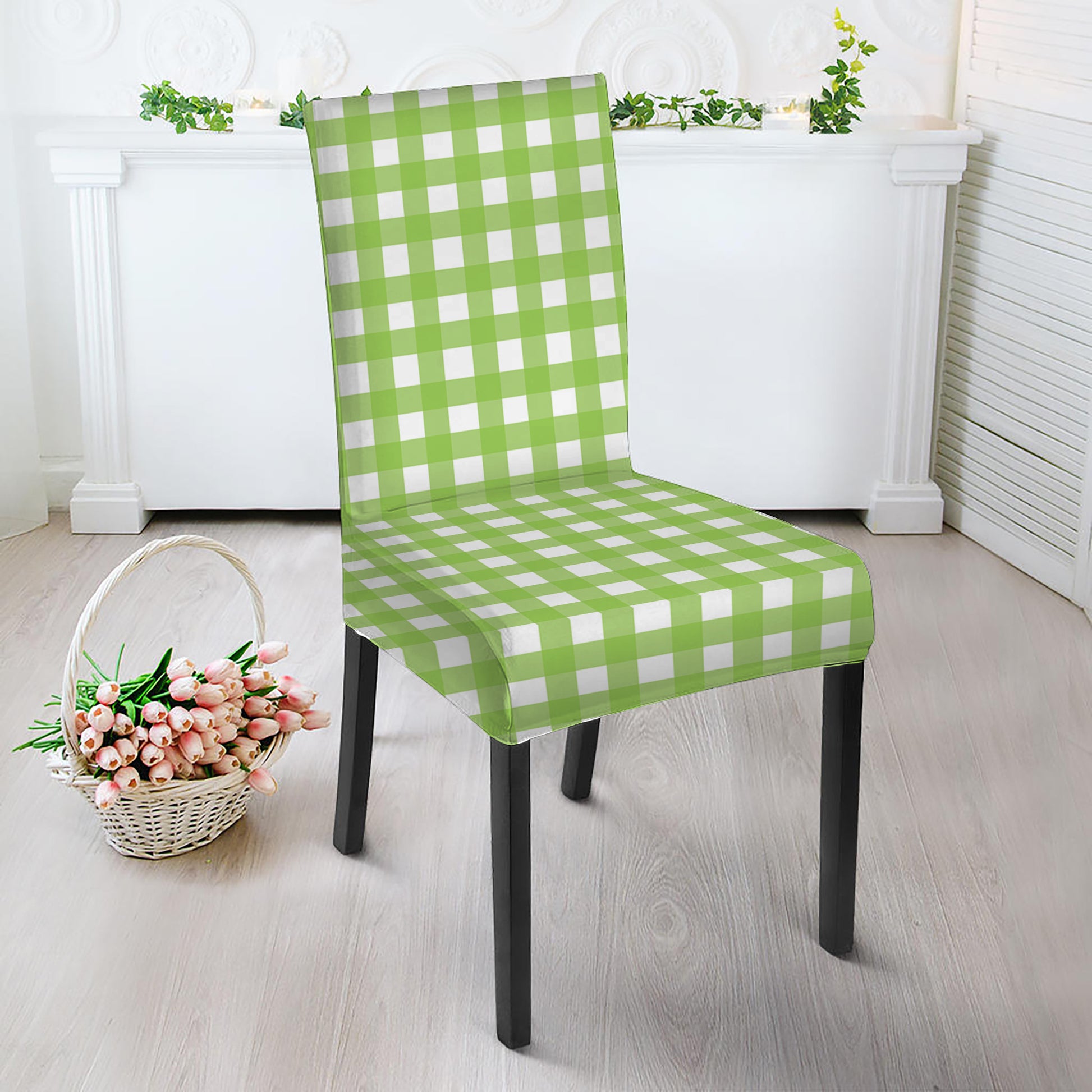 Green And White Check Pattern Print Dining Chair Slipcover