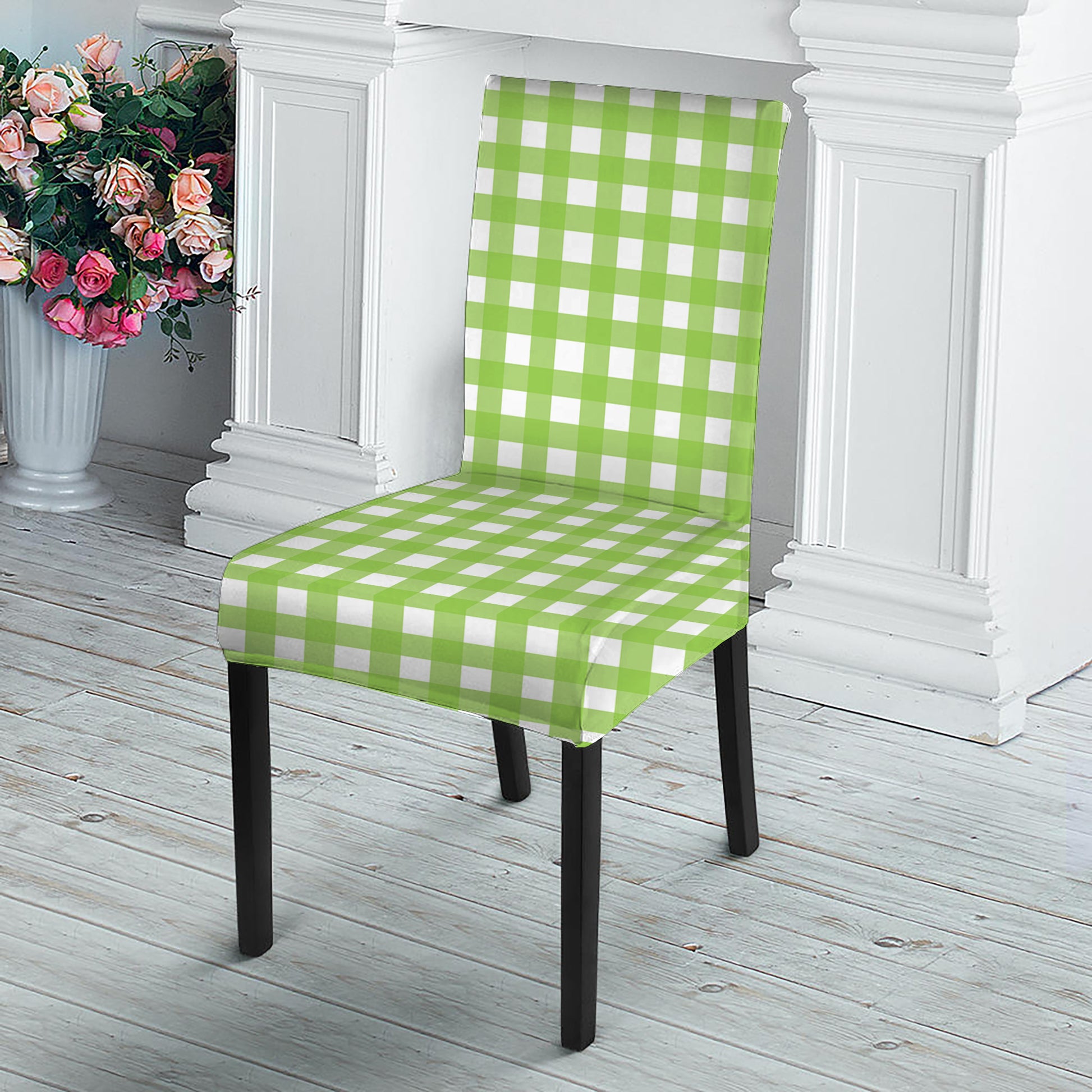 Green And White Check Pattern Print Dining Chair Slipcover