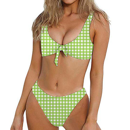 Green And White Check Pattern Print Front Bow Tie Bikini
