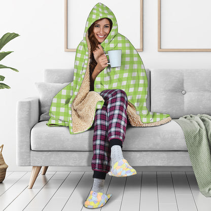 Green And White Check Pattern Print Hooded Blanket