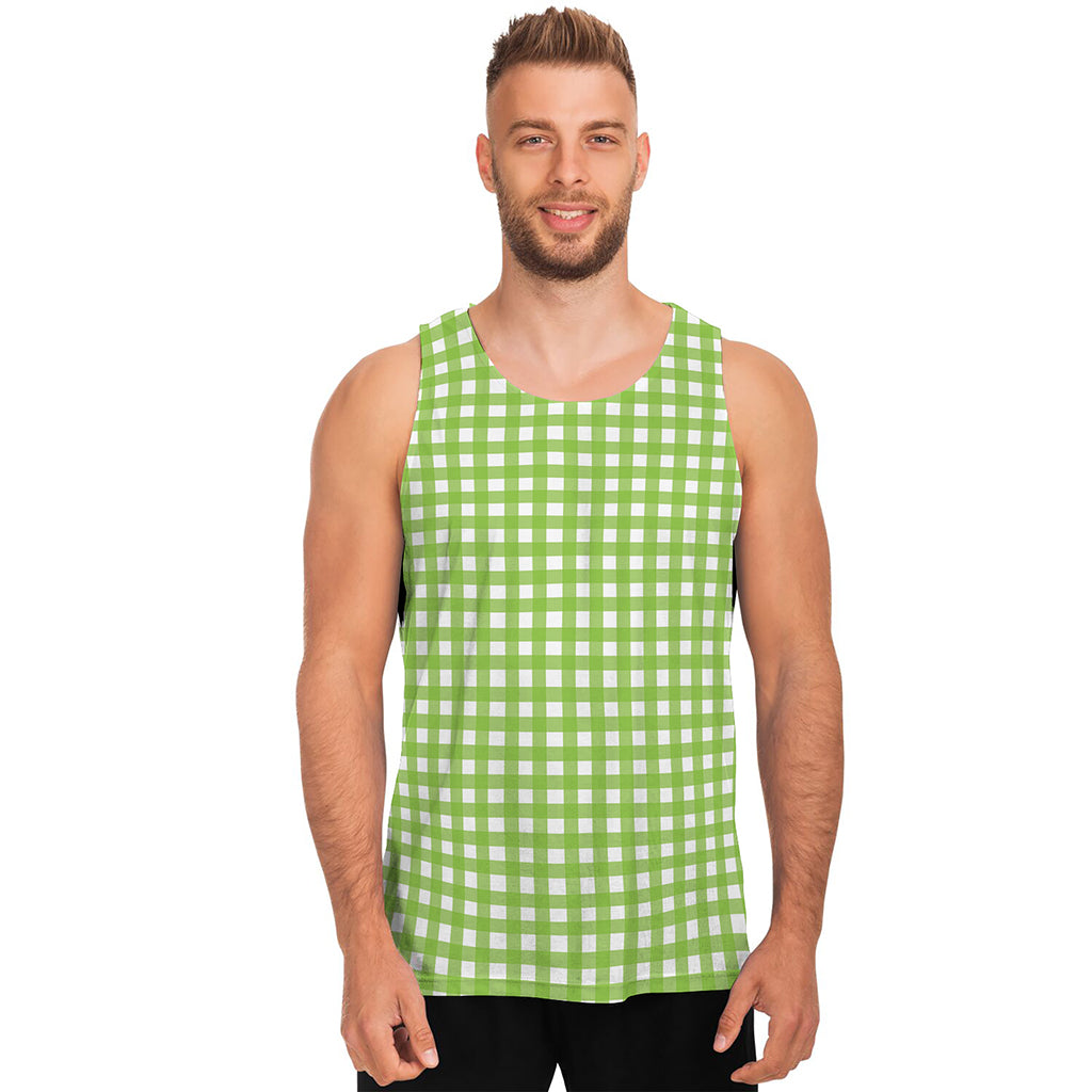 Green And White Check Pattern Print Men's Tank Top