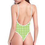 Green And White Check Pattern Print One Piece High Cut Swimsuit