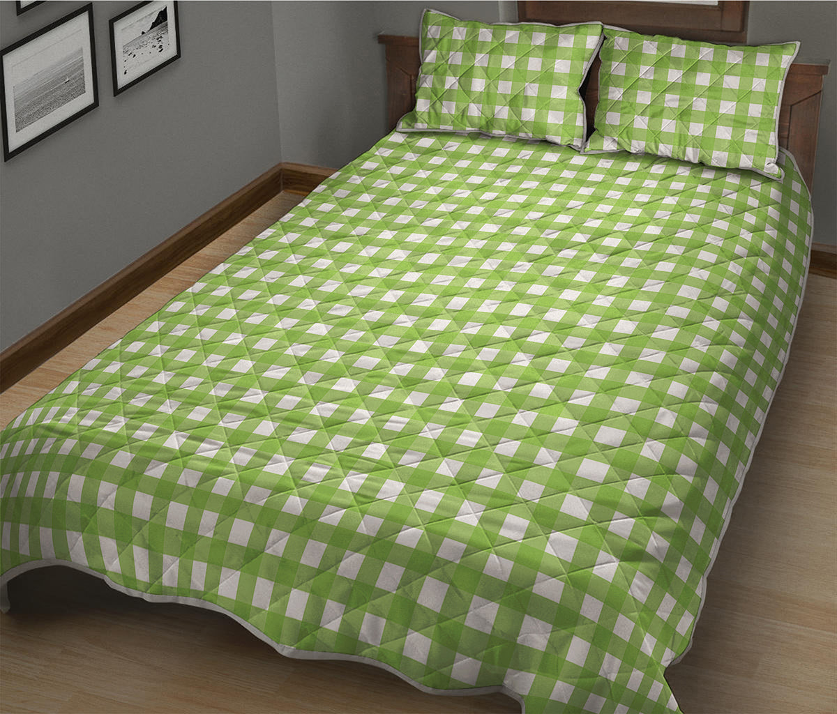 Green And White Check Pattern Print Quilt Bed Set