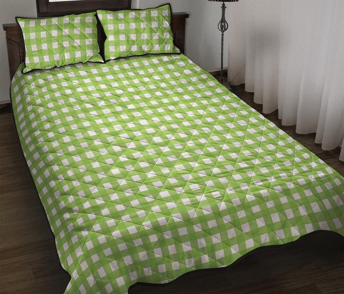 Green And White Check Pattern Print Quilt Bed Set