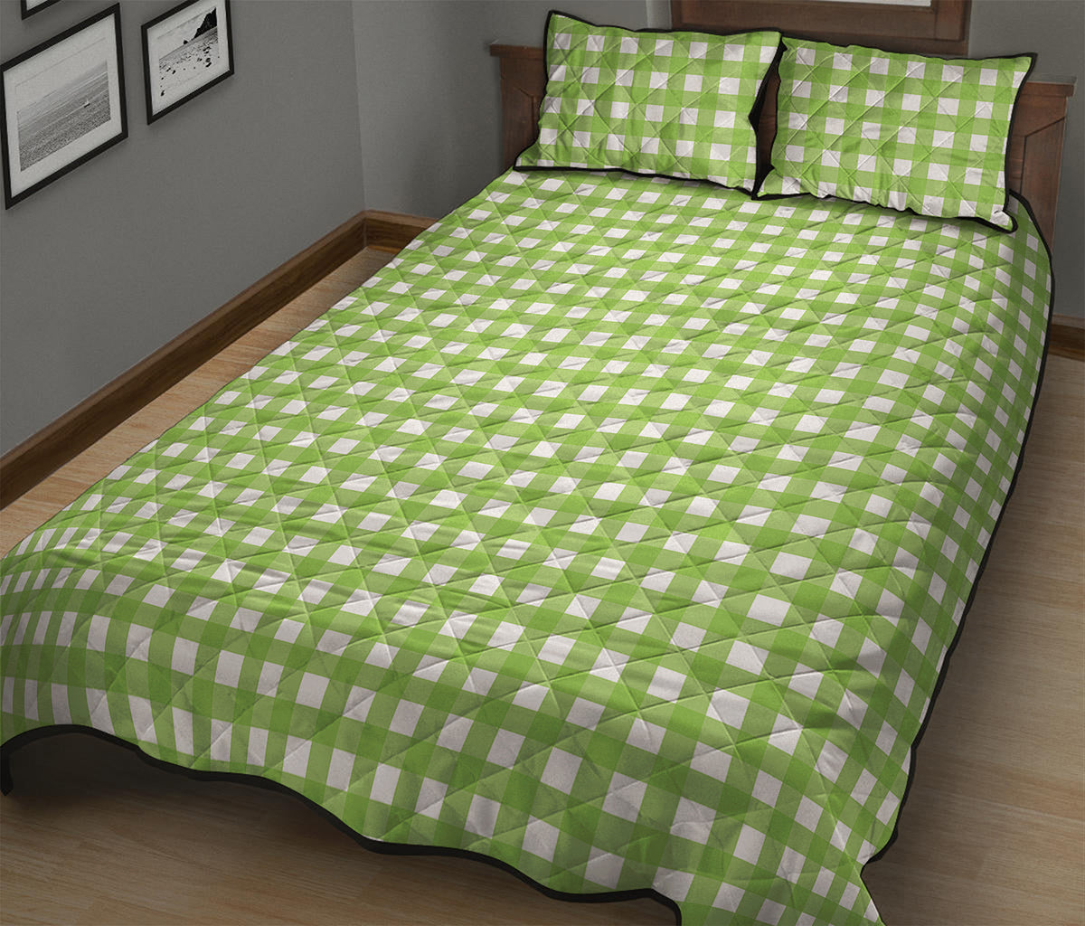 Green And White Check Pattern Print Quilt Bed Set