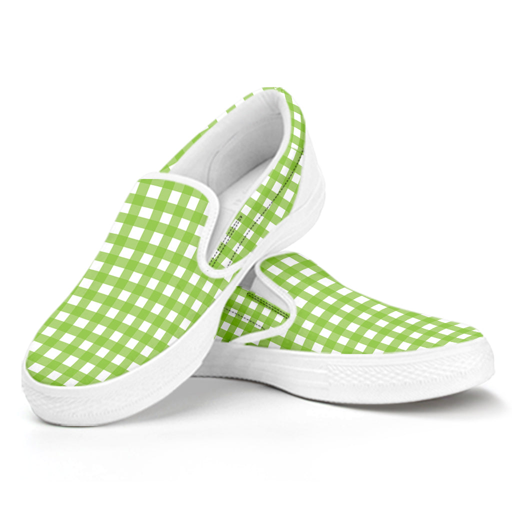 Green And White Check Pattern Print White Slip On Shoes