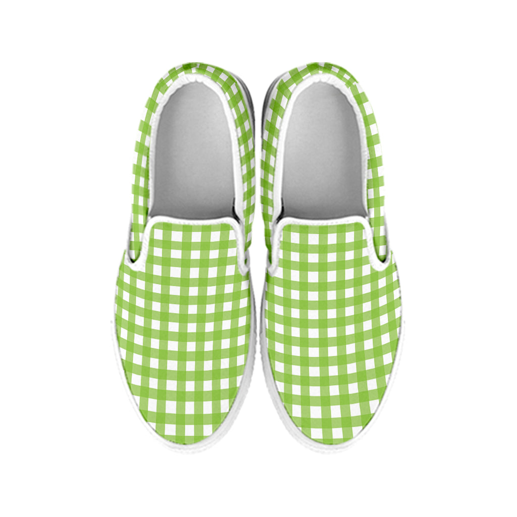 Green And White Check Pattern Print White Slip On Shoes