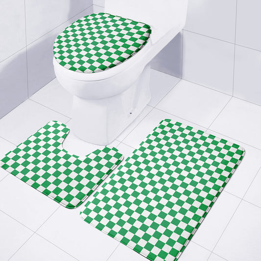 Green And White Checkered Pattern Print 3 Piece Bath Mat Set