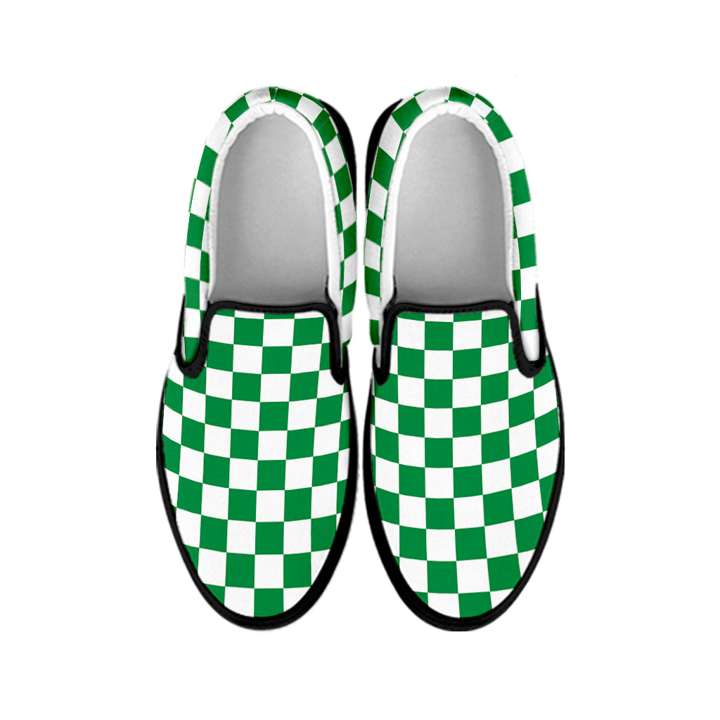 Green And White Checkered Pattern Print Black Slip On Shoes