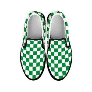 Green And White Checkered Pattern Print Black Slip On Shoes