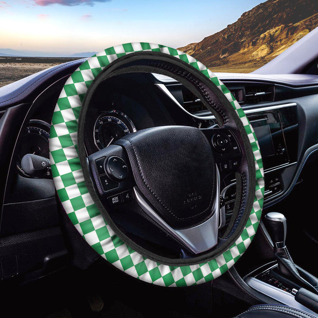 Green And White Checkered Pattern Print Car Steering Wheel Cover
