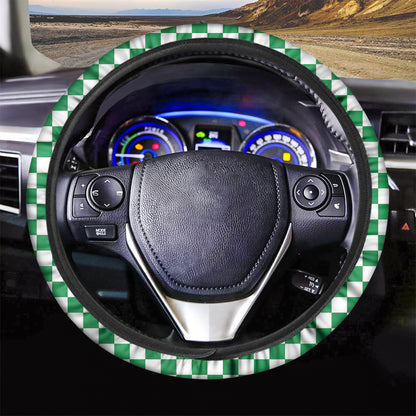 Green And White Checkered Pattern Print Car Steering Wheel Cover
