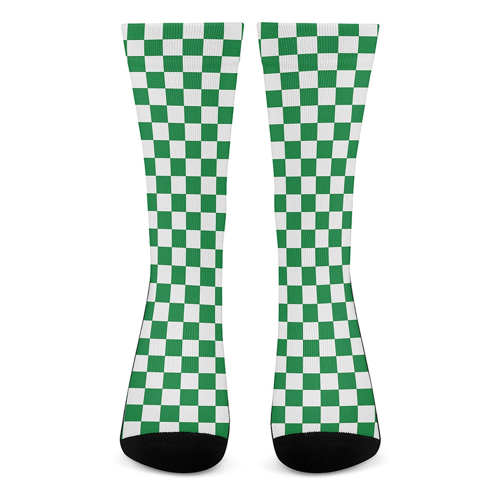 Green And White Checkered Pattern Print Crew Socks