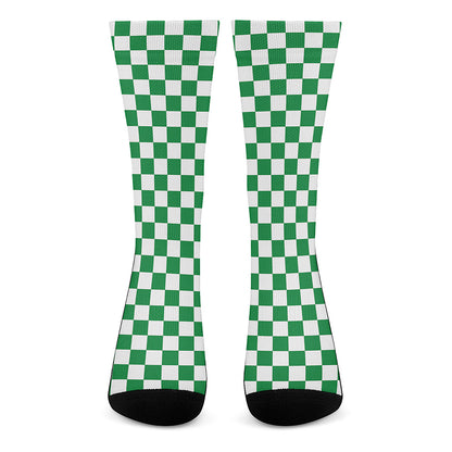 Green And White Checkered Pattern Print Crew Socks