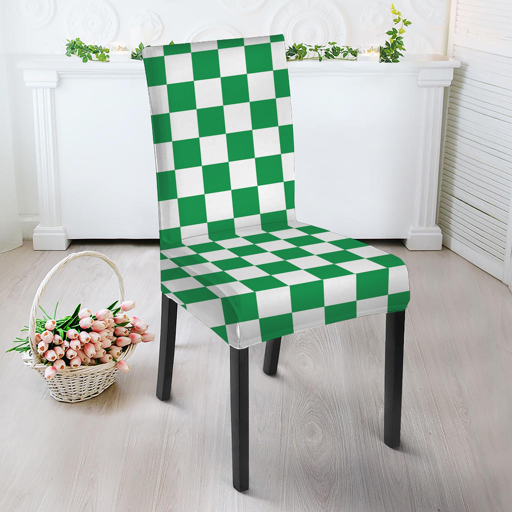 Green And White Checkered Pattern Print Dining Chair Slipcover