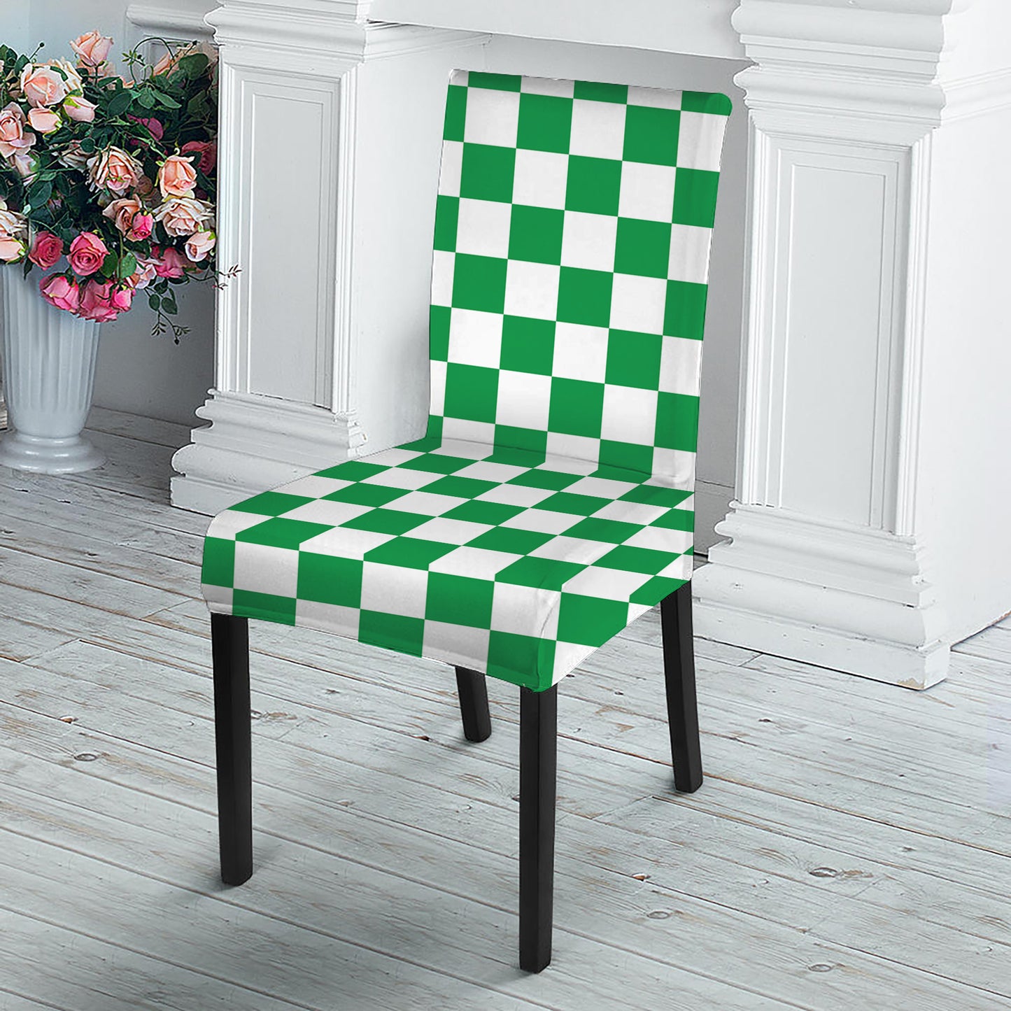 Green And White Checkered Pattern Print Dining Chair Slipcover