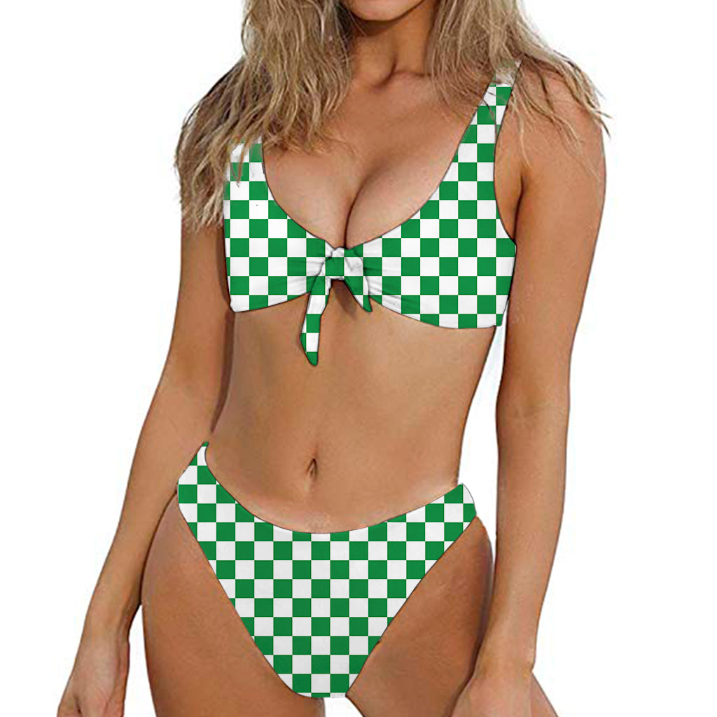 Green And White Checkered Pattern Print Front Bow Tie Bikini