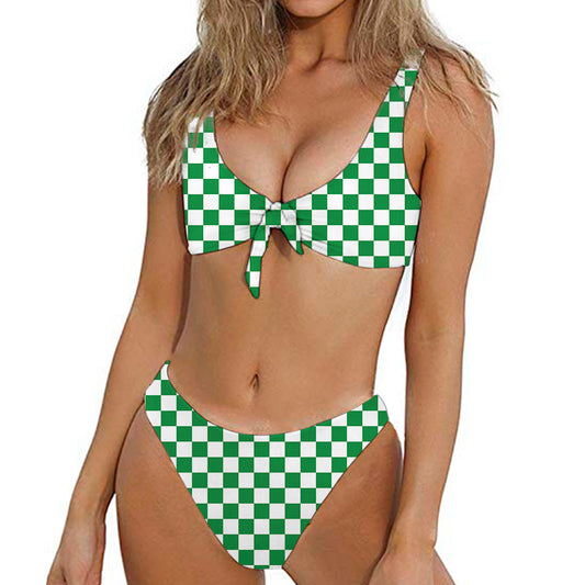 Green And White Checkered Pattern Print Front Bow Tie Bikini