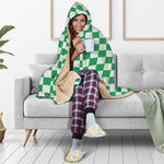 Green And White Checkered Pattern Print Hooded Blanket