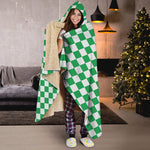 Green And White Checkered Pattern Print Hooded Blanket