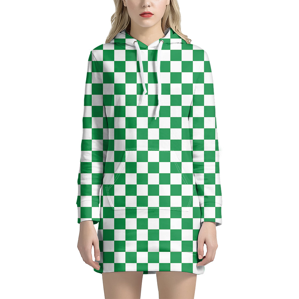 Green And White Checkered Pattern Print Hoodie Dress