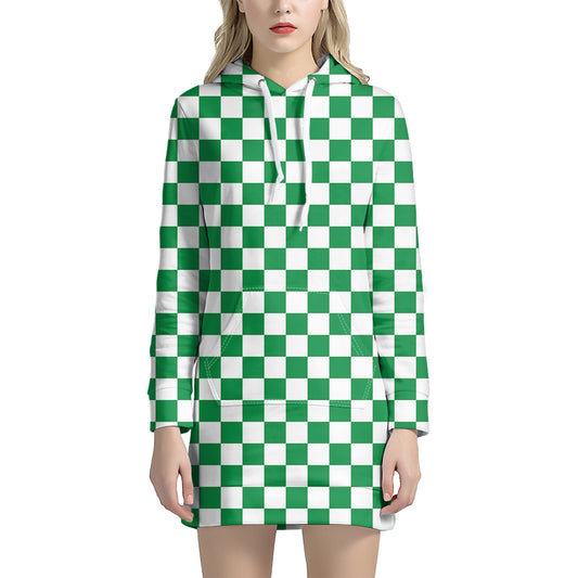 Green And White Checkered Pattern Print Hoodie Dress