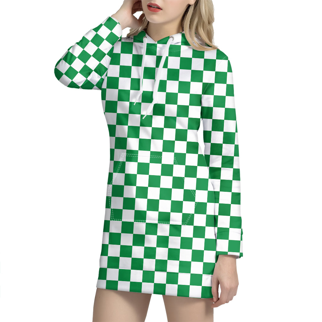 Green And White Checkered Pattern Print Hoodie Dress