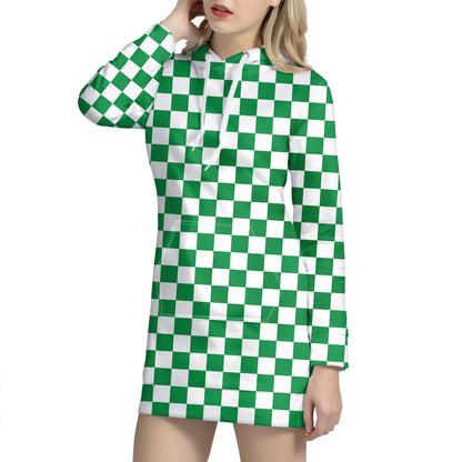 Green And White Checkered Pattern Print Hoodie Dress