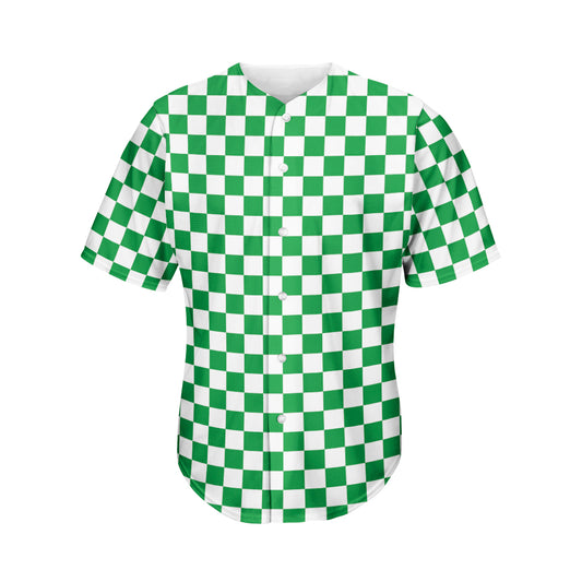 Green And White Checkered Pattern Print Men's Baseball Jersey