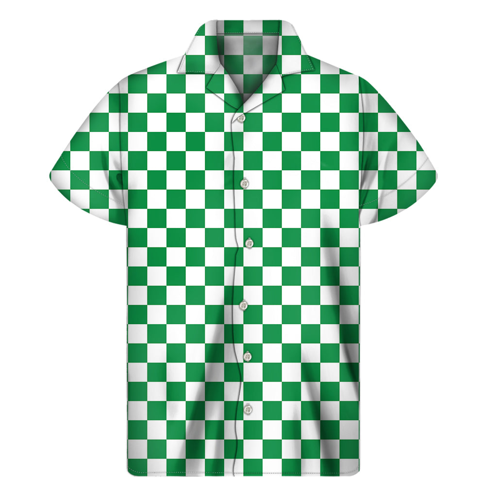 Green And White Checkered Pattern Print Men's Short Sleeve Shirt