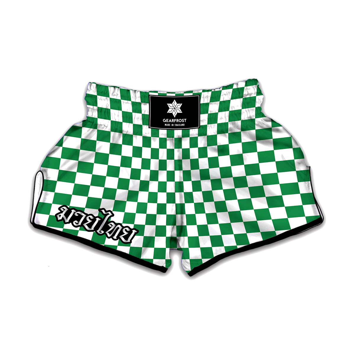 Green And White Checkered Pattern Print Muay Thai Boxing Shorts
