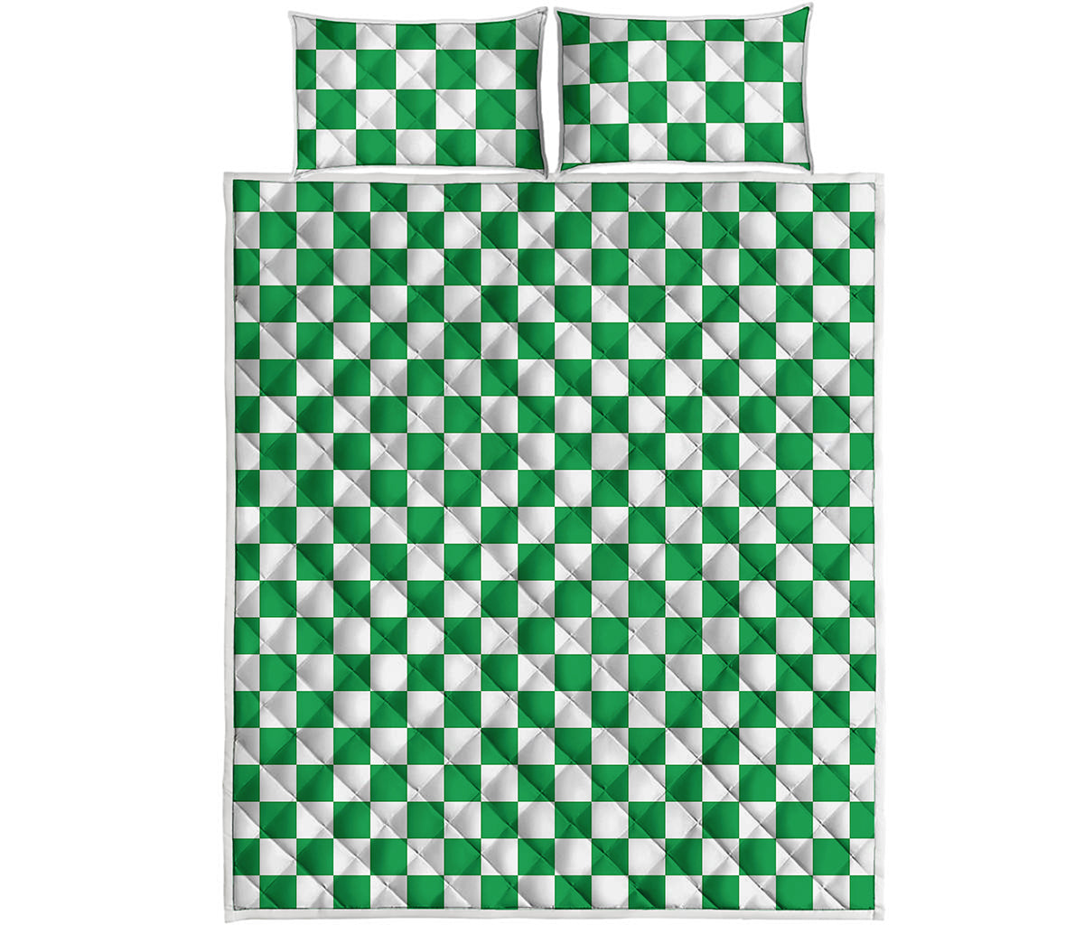 Green And White Checkered Pattern Print Quilt Bed Set