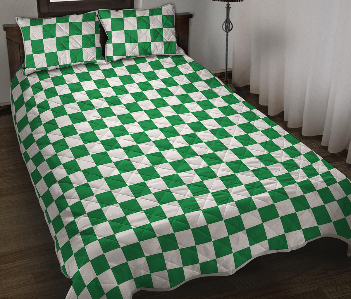 Green And White Checkered Pattern Print Quilt Bed Set