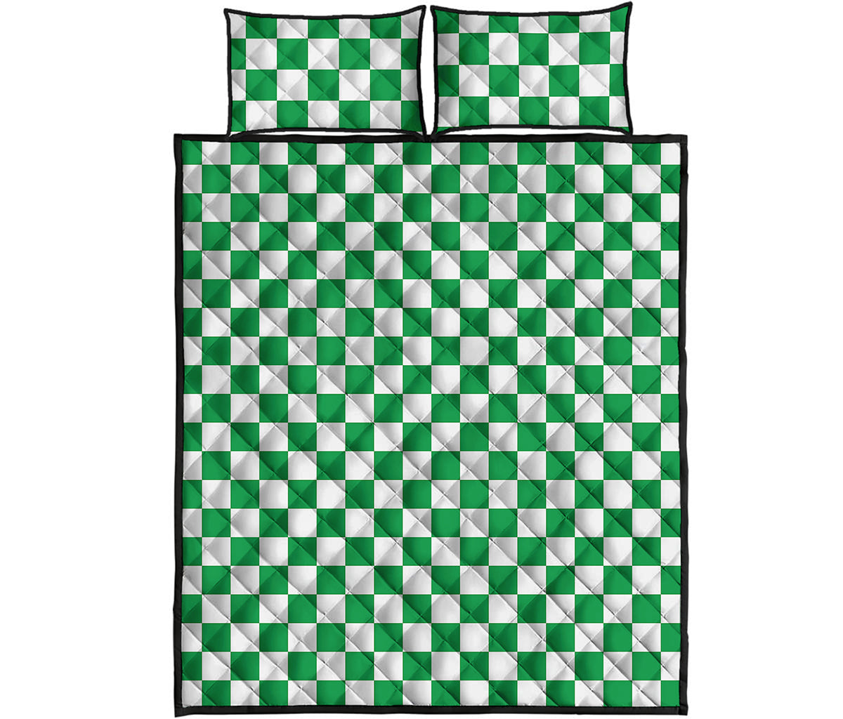 Green And White Checkered Pattern Print Quilt Bed Set