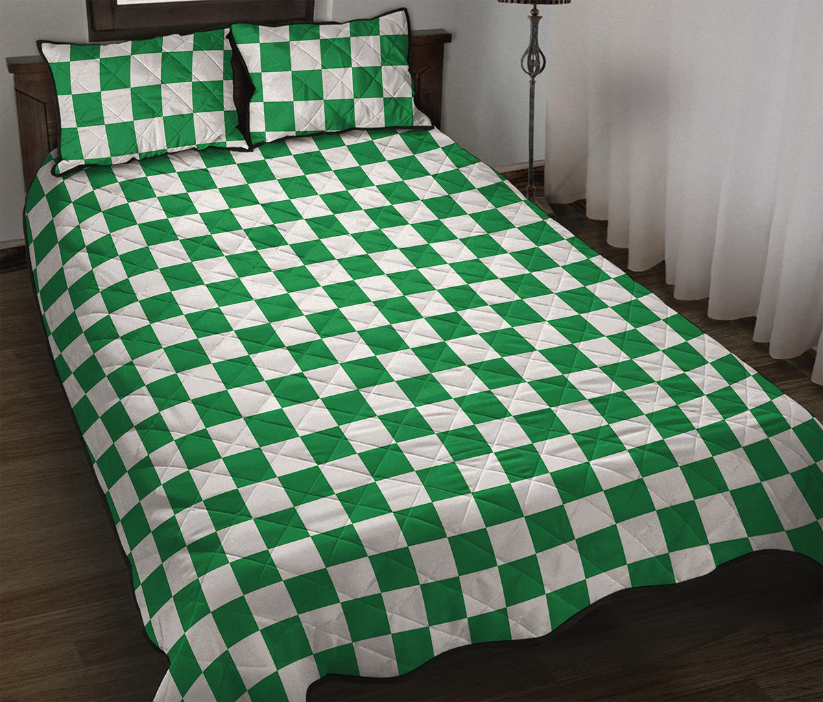Green And White Checkered Pattern Print Quilt Bed Set