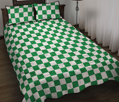 Green And White Checkered Pattern Print Quilt Bed Set