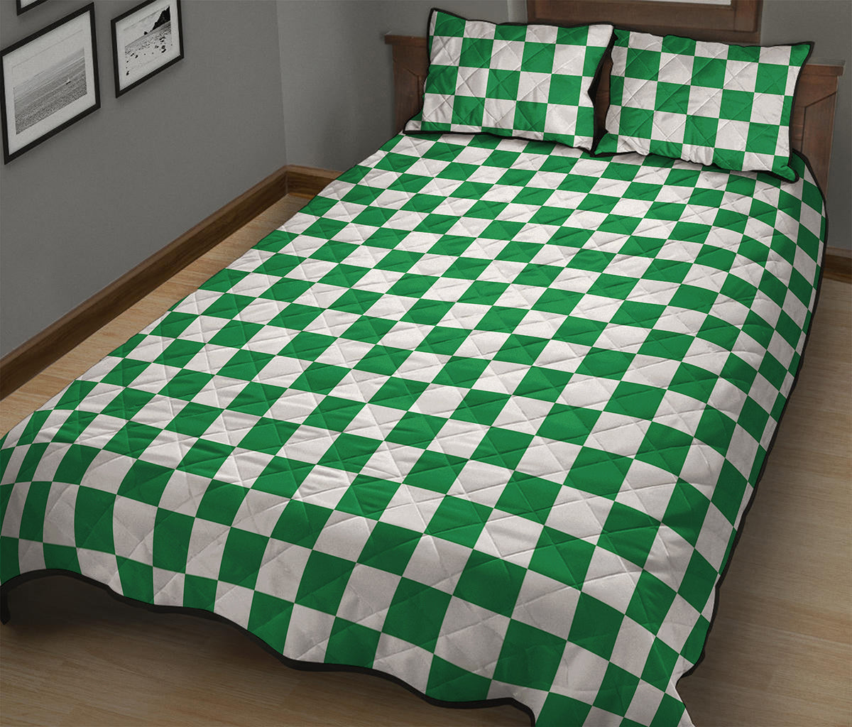 Green And White Checkered Pattern Print Quilt Bed Set