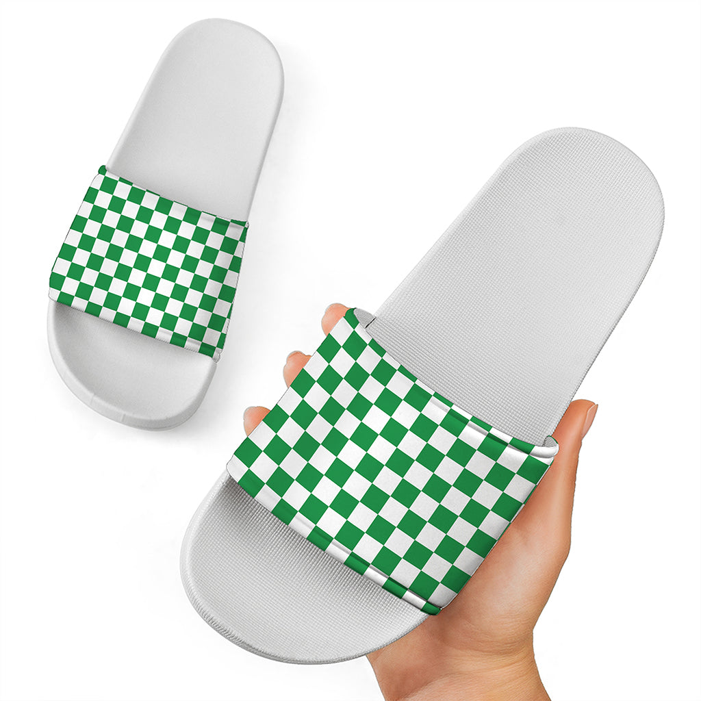 Green And White Checkered Pattern Print White Slide Sandals