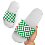 Green And White Checkered Pattern Print White Slide Sandals