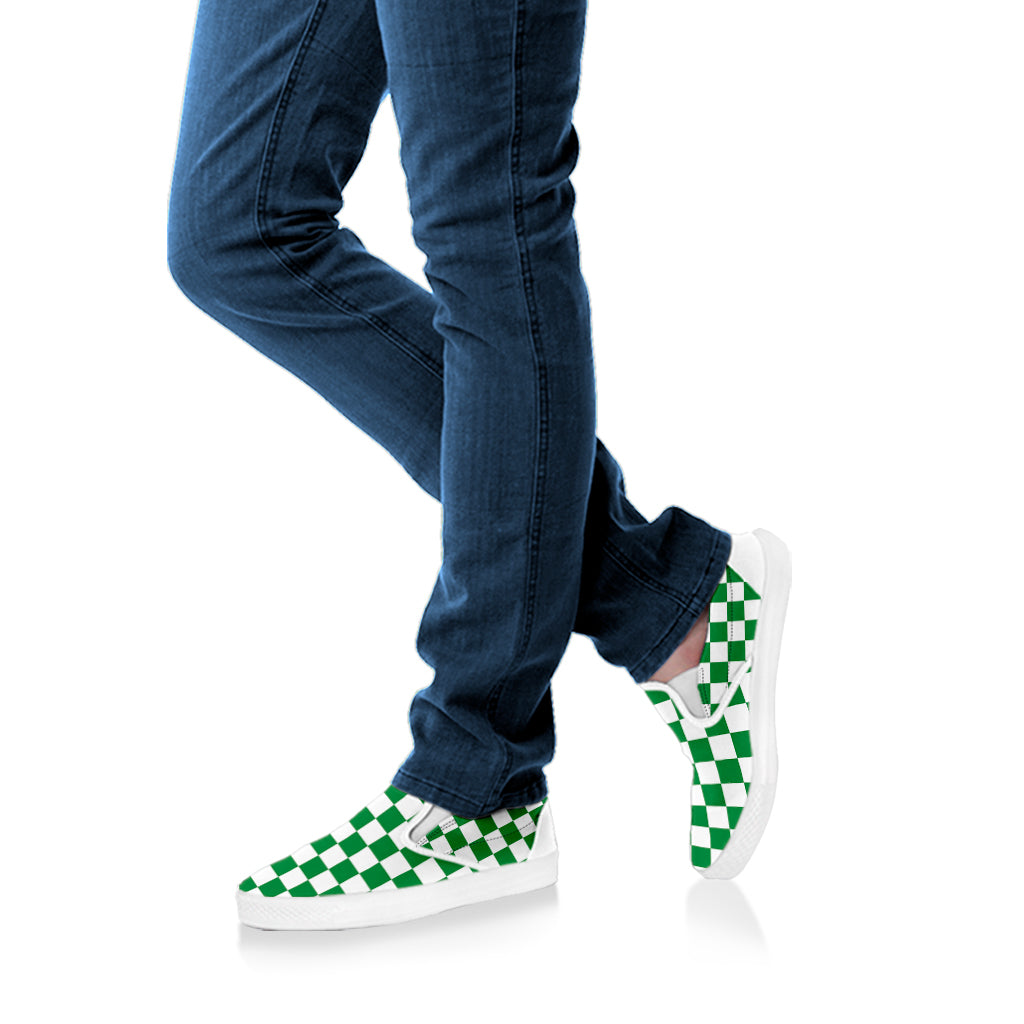 Green And White Checkered Pattern Print White Slip On Shoes