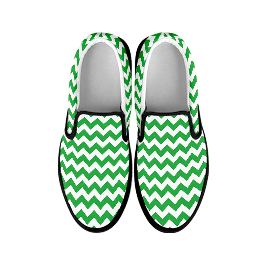 Green And White Chevron Pattern Print Black Slip On Shoes
